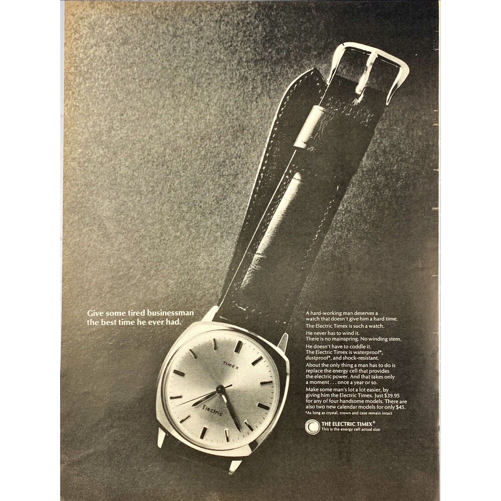 Tmex Electric Wristwatch "Give Tired Businessman Best Time"Vintage Print Ad 1966